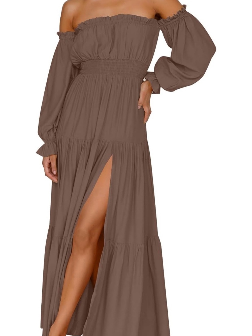 Off-Shoulder Long Sleeve Maxi Dress in Brown